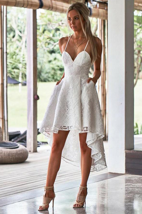 White Lace Spaghetti Straps Front Short Long Back Homecoming Dresses Backless Prom Dress