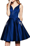 Fashion Deep V Neck Royal Blue Beaded Short Homecoming Dresses Prom Hoco Dress With Pocket