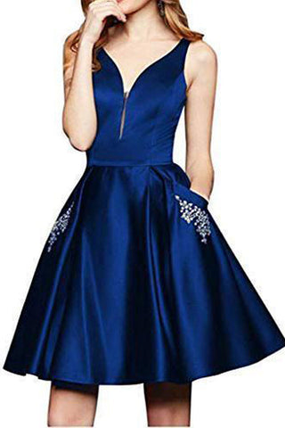 Fashion Deep V Neck Royal Blue Beaded Short Homecoming Dresses Prom Hoco Dress With Pocket