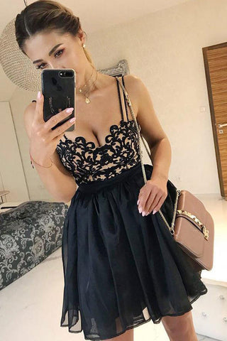 Chic Empire Waist Lace Spaghetti Straps Black Short Homecoming Dresses Prom Cocktail Dress