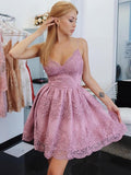 Spaghetti Straps Blush Pink Lace Short Homecoming Dresses Backless Prom Graduation Dress