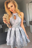 Fashion Silver Lace Halter A Line Homecoming Dresses Vintage Mini Length Prom Hoco Dress