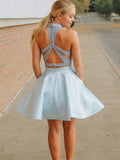 Sexy 2 Pieces Light Blue Open Back Beaded Homecoming Dresses Mini Prom Dress With Pocket