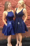 New Arrival A Line Navy Blue Lace Satin Backless Homecoming Dresses Mini Vintage Prom Dress