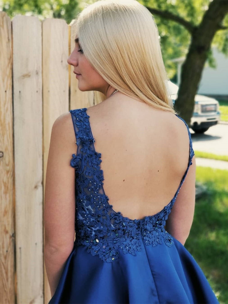Chic Royal Blue Lace Backless V Neck Plus Size Short Homecoming Dresses Prom Hoco Dress