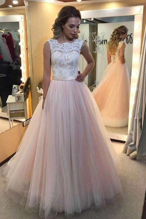White Lace Pink Tulle Lace Back Up Evening Gowns Prom Dress