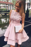 Chic Lace Pink Tiered Skirt Homecoming Dresses Short Prom Hoco Dress For Party Cocktail Gowns