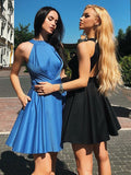 A Line Halter Royal Blue Backless Short Homecoming Dresses With Pocket