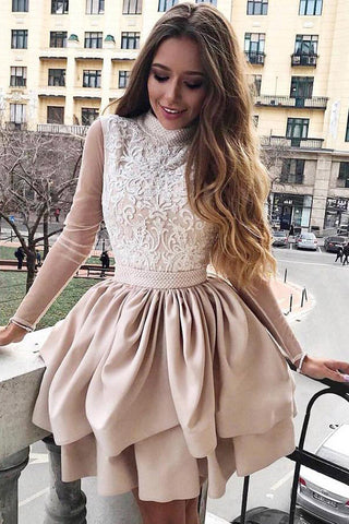 High Neck Open Back Long Sleeves Lace Homecoming Dresses Short Prom Hoco Dress For Party