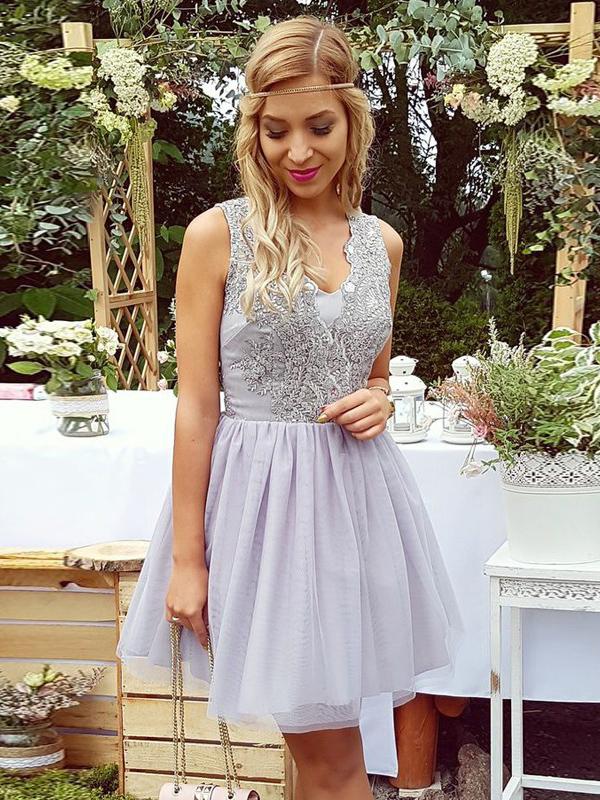 Charming Lilac Lace Tulle See Through Back Mini Length Homecoming Dress Prom Hoco Dresses