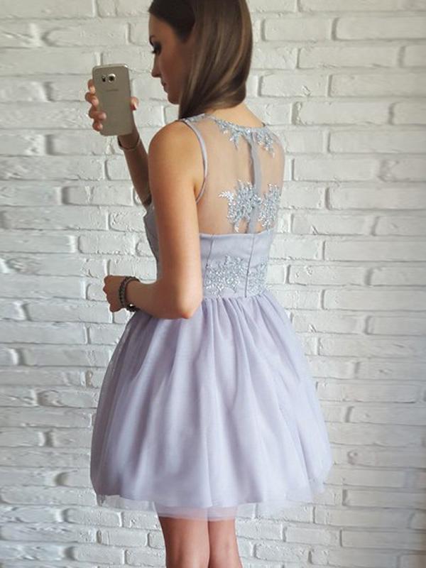 Charming Lilac Lace Tulle See Through Back Mini Length Homecoming Dress Prom Hoco Dresses