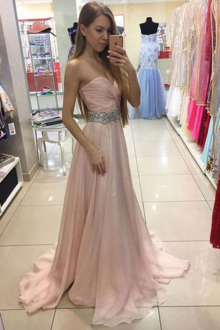 Sweetheart Beaded Belt Blush Pink ChiffonEvening Gowns Prom Dress