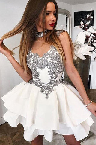 White Homecoming Dresses,Grey Lace Appliques Tiered Short Prom Dresses Homecoming Dress