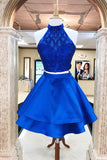 Two Piece Royal Blue Halter Backless Beaded Short Prom Dress Homecoming Dresses For Party