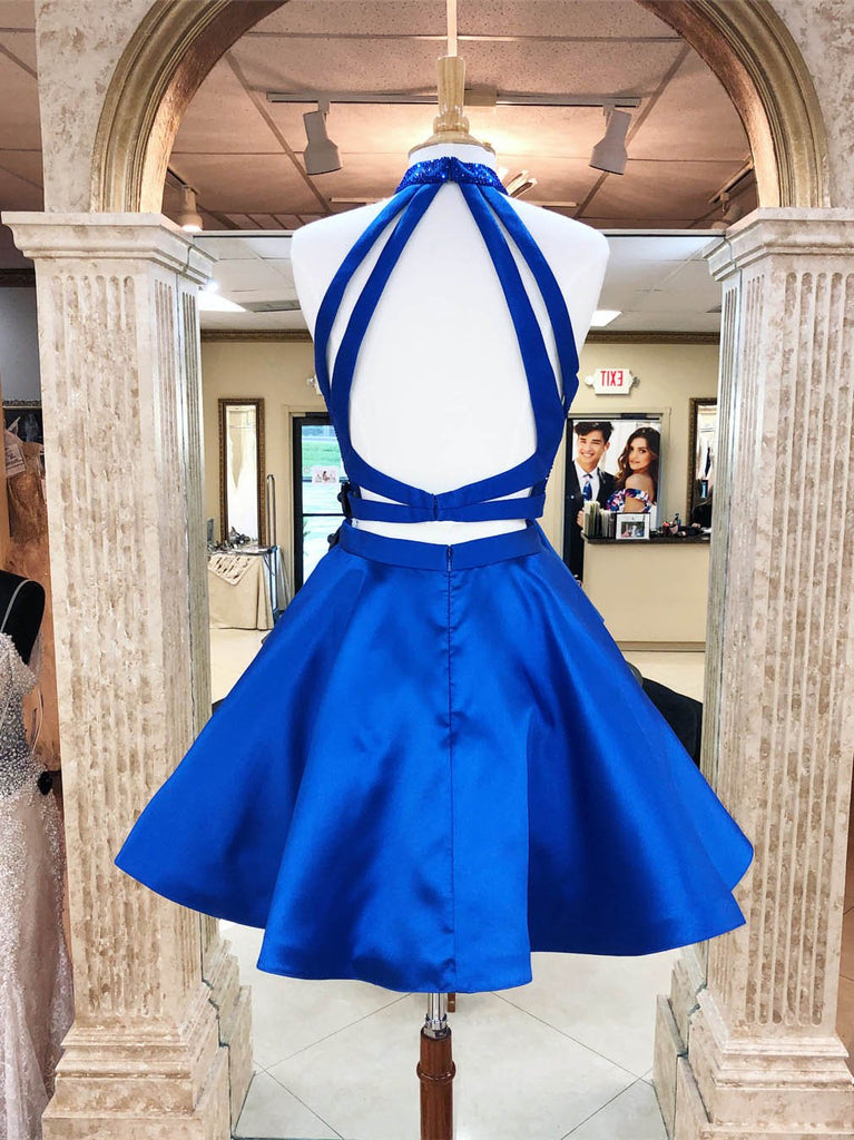 Two Piece Royal Blue Halter Backless Beaded Short Prom Dress Homecoming Dresses For Party
