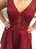 Chic V Neck Burgundy Lace Beaded Sleeveless Short Prom Dresses Homecoming Dress For Party