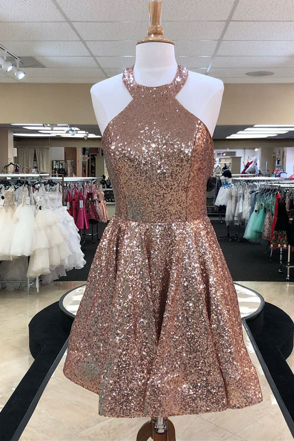 Shiny Rose Gold Sequin Halter Open Back Homecoming Dresses Short Prom Graduation Dress