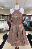 Shiny Rose Gold Sequin Halter Open Back Homecoming Dresses Short Prom Graduation Dress
