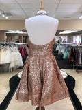 Shiny Rose Gold Sequin Halter Open Back Homecoming Dresses Short Prom Graduation Dress