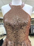 Shiny Rose Gold Sequin Halter Open Back Homecoming Dresses Short Prom Graduation Dress