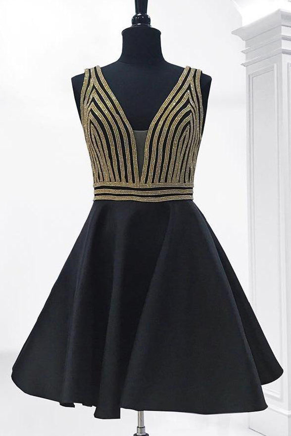 Fashion Gold Crystals Black Satin V Neck Short Prom Dress Homecoming Dresses For Party