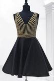 Fashion Gold Crystals Black Satin V Neck Short Prom Dress Homecoming Dresses For Party