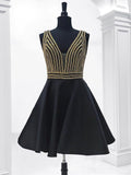 Fashion Gold Crystals Black Satin V Neck Short Prom Dress Homecoming Dresses For Party