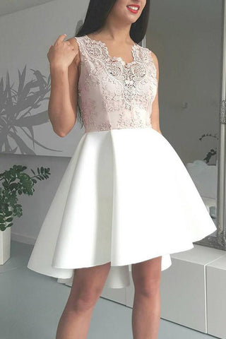 New Arrival V Neck Flesh Pink Lace White Hi-Lo Prom Dresses Homecoming Dress for Party