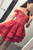 A Line Off the Shoulder Red Lace Short Prom Dresses Homecoming Dress for Party