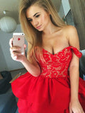 A Line Off the Shoulder Red Lace Short Prom Dresses Homecoming Dress for Party