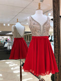 Fashion Deep V Neck Red Beaded Backless Homecoming Dresses Short Prom Graduation Dress