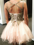 Charming Open Back Lace Appliques Pink Beaded Homecoming Dresses Short Prom Cute Dress