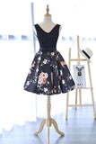 Chic A Line Black Printed V Neck Mini Length Prom Dress Homecoming Dresses For Party