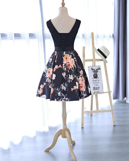 Chic A Line Black Printed V Neck Mini Length Prom Dress Homecoming Dresses For Party