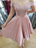 Off the Shoulder Lace Appliques Blush Pink Short Prom Dress Homecoming Dresses For Party