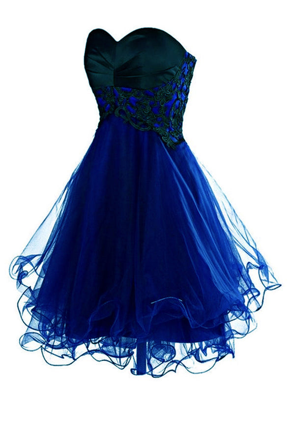 Empire Waist Royal Blue Tulle Black Lace Appliques Short Prom Cute Dress Homecoming Dresses
