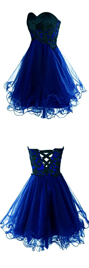 Empire Waist Royal Blue Tulle Black Lace Appliques Short Prom Cute Dress Homecoming Dresses