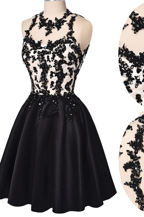 Chic Halter Open Back Lace Appliques Black Short Prom Cute Dress Homecoming Dresses For Party