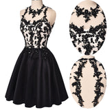 Chic Halter Open Back Lace Appliques Black Short Prom Cute Dress Homecoming Dresses For Party