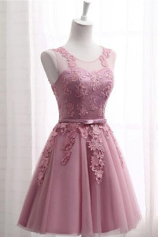 Blush Lace Appliques Open Back A Line Cheap Short Prom Cute Dress Homecoming Dresses