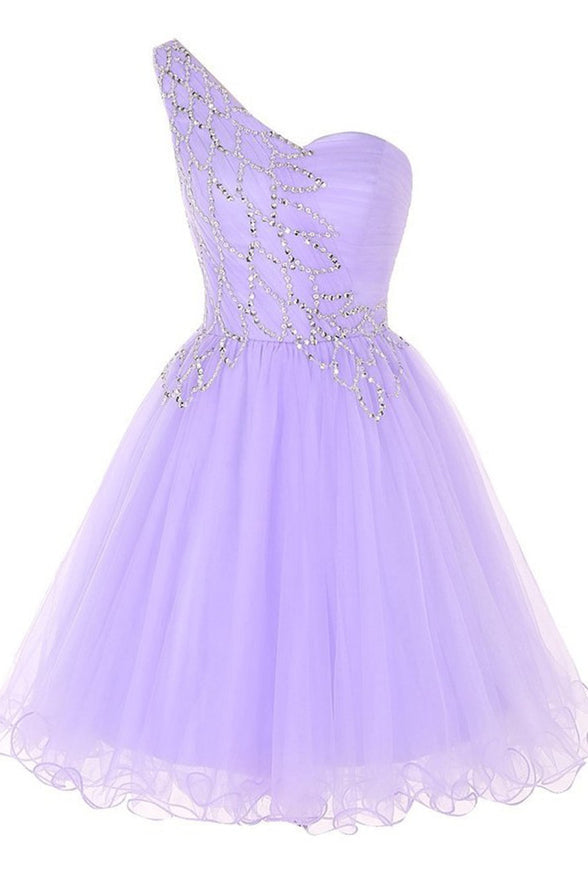 Fashion One Shoulder Violet Tulle Beaded Short Prom Dress Cute Homecoming Dresses For Party