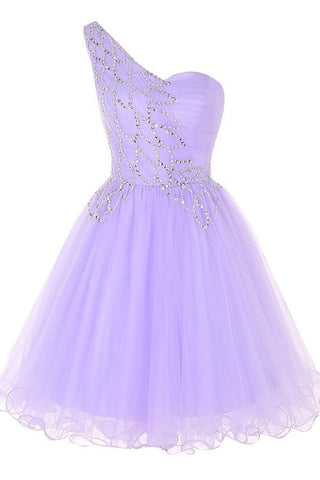 Fashion One Shoulder Violet Tulle Beaded Short Prom Dress Cute Homecoming Dresses For Party
