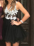 Fashion V Neck White Lace Appliques Black Short Prom Homecoming Dresses Graduation Dress