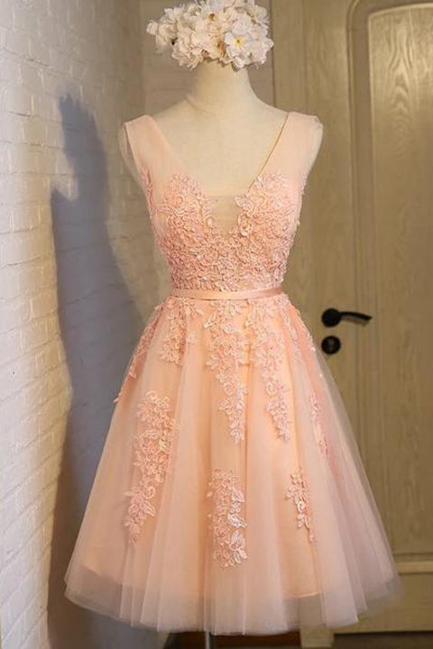 Vintage V Neck Blush Pink Lace Appliques Homecoming Dresses Short Prom Graduation Dress