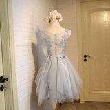 Charming See Through Grey Lace Appliques High Low Short Prom Cute Dress Homecoming Dresses