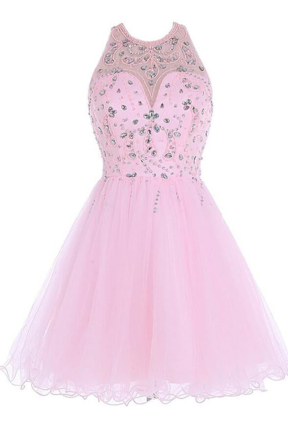 Off the Shoulder Pink Tulle Cute Gowns Backless Beaded Short Prom Dress Homecoming Dresses