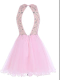 Off the Shoulder Pink Tulle Cute Gowns Backless Beaded Short Prom Dress Homecoming Dresses