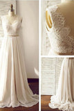 A line Sleeveless Ivory Lace V Neck Long Beach Bridal Wedding Dresses