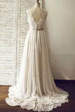 A line Sleeveless Ivory Lace V Neck Long Beach Bridal Wedding Dresses