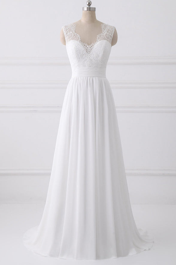 A Line Princess Ivory Lace Chiffon V Neck Beach Wedding Dresses Bridal Dress Wedding Gown